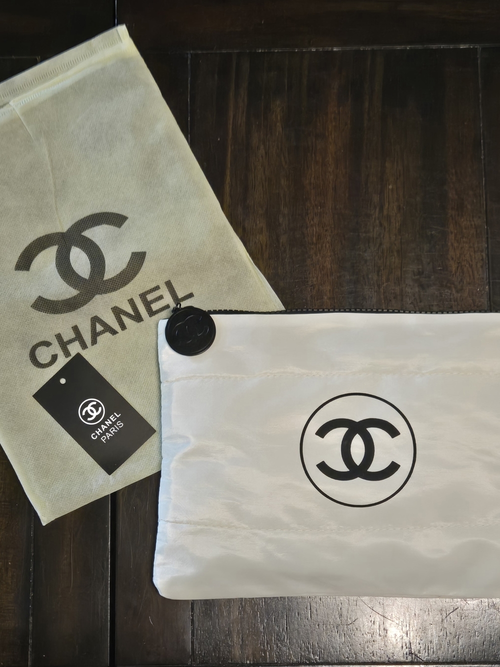 Chanel Puffy White Logo Pouch NWT